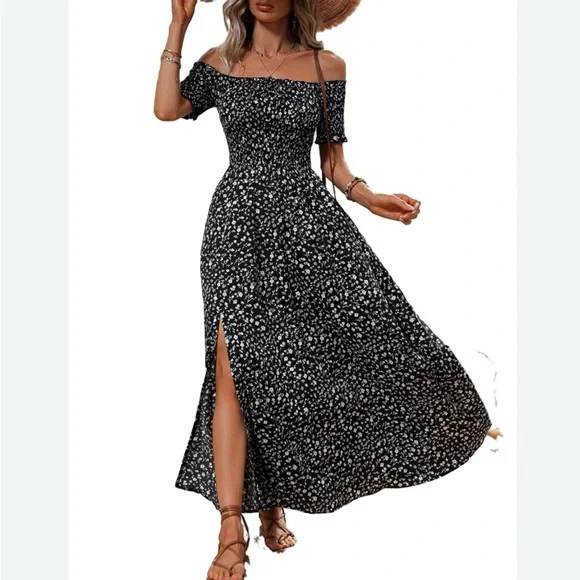 Boho Ditsy Floral Print Off the Shoulder A Line Short Sleeve Black/White… - Picture 2 of 6